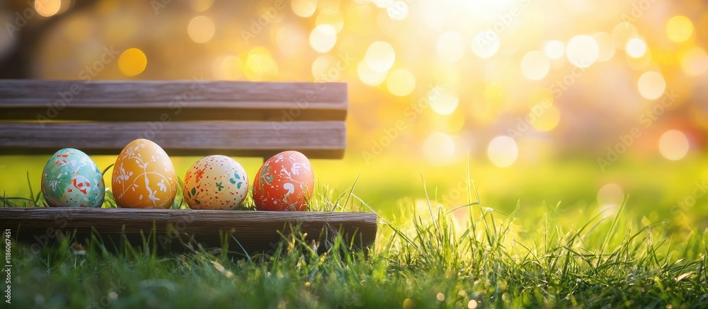 Aufkleber a set of painted easter eggs celebrating a happy easter is placed on cut grass next to a wooden benc