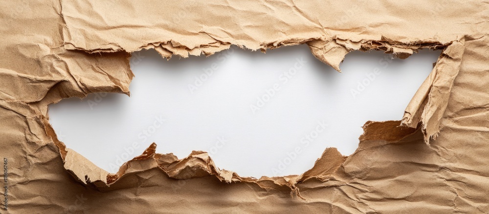 Aufkleber brown packaging paper torn to uncover a white panel. with copy space image. place for adding text or