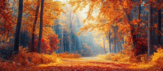 Savor the vibrant colors of autumn outside Capture the beauty of the leaves on the trees Witness the striking contrast between the light and the vivid foliage. with copy space image