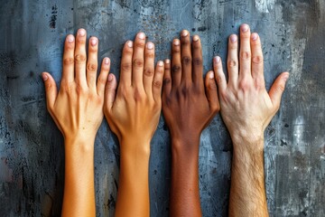 International Day of Human Fraternity. Zero Discrimination. Hands of different skin tones are shown side by side, symbolizing diversity, unity, and collaboration in a creative expression