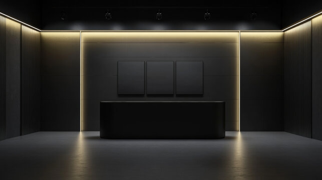 Black display booth for trade show exhibit mockup. 3d exhibition furniture isolated room template set. Business event indoor corner render with table and sale panel mock up. Empty kiosk or store spot