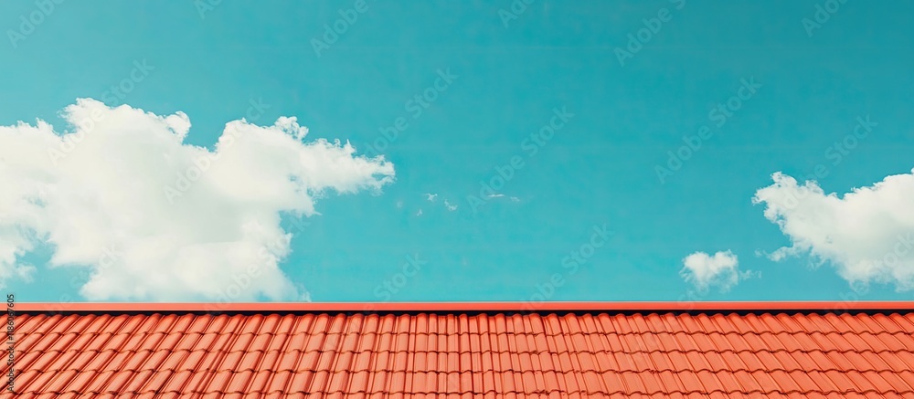 Poster Red concrete roof set against a blue sky. with copy space image. Place for adding text or design