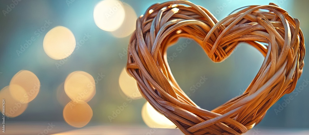Poster wooden wicker heart rattan crafted into a heart shape concept of love background with selective focu