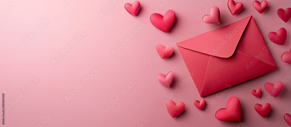 Poster Arrangement of paper hearts and an envelope for celebrating Valentine s Day on a pink background. with copy space image. Place for adding text or design