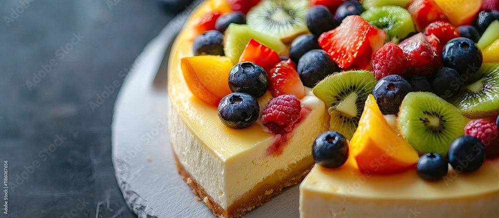 Fototapete Selective focus on Japanese cheesecake topped with mixed fruits The cheesecake is accompanied by slices on the side and served on a white slate. with copy space image. Place for adding text or design