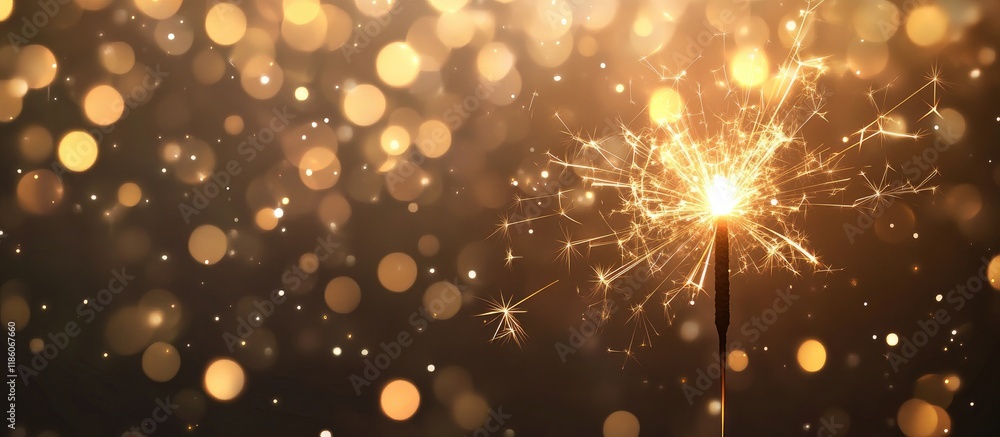 Poster Burning sparkler with a background of golden bokeh lights New Year celebration backdrop New Year sparkles. with copy space image. Place for adding text or design