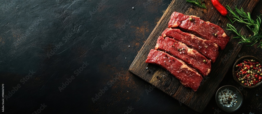 Poster freshly sliced beef steak backdrop. with copy space image. place for adding text or design