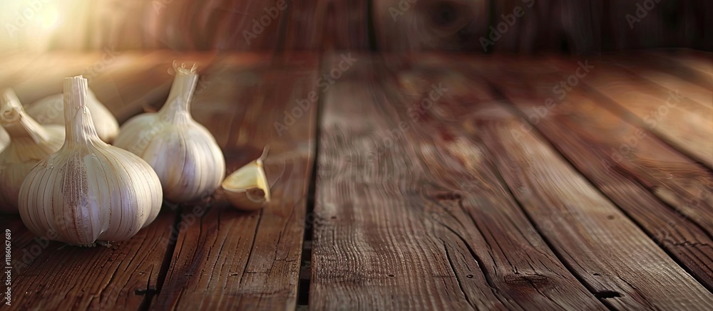 Poster garlic on a wooden surface. with copy space image. place for adding text or design