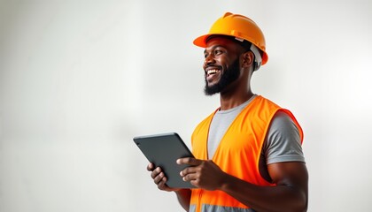 Cheerful black construction worker uses digital tablet. Man wears safety helmet, orange uniform. Smiling, looking happily at project on tablet. Studio shot on white background. Modern worker in