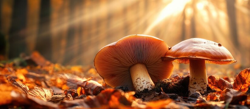 Large mushrooms in a forest discovered during a mushrooming tour in autumn with brown leaves illuminated by backlight on the ground during mushroom season are tasty but may also be poisonous and haz