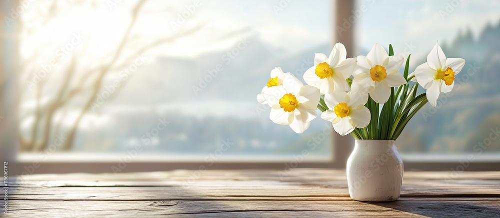 Poster narcissus on a wooden table sunny day vacant space. with copy space image. place for adding text or 
