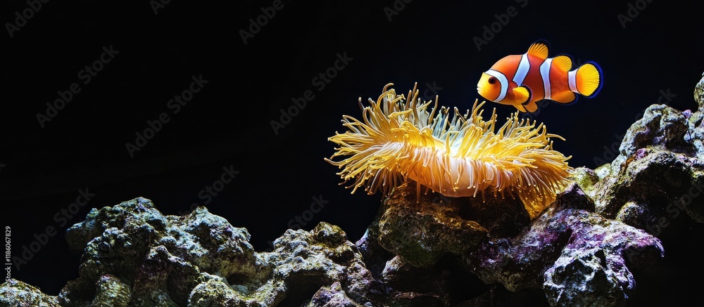 Aufkleber sea anemone and clownfish in a marine aquarium against a black background. with copy space image. pl