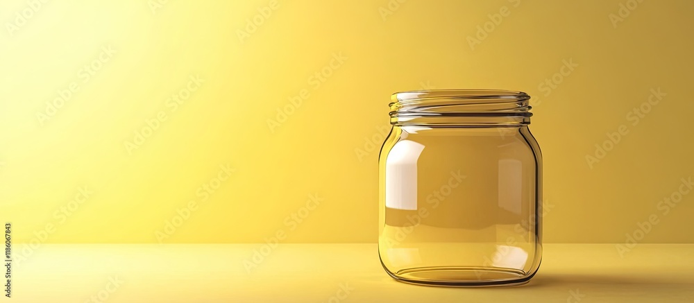 Fototapete Closed vacant glass jar on a light yellow background room for text. with copy space image. Place for adding text or design
