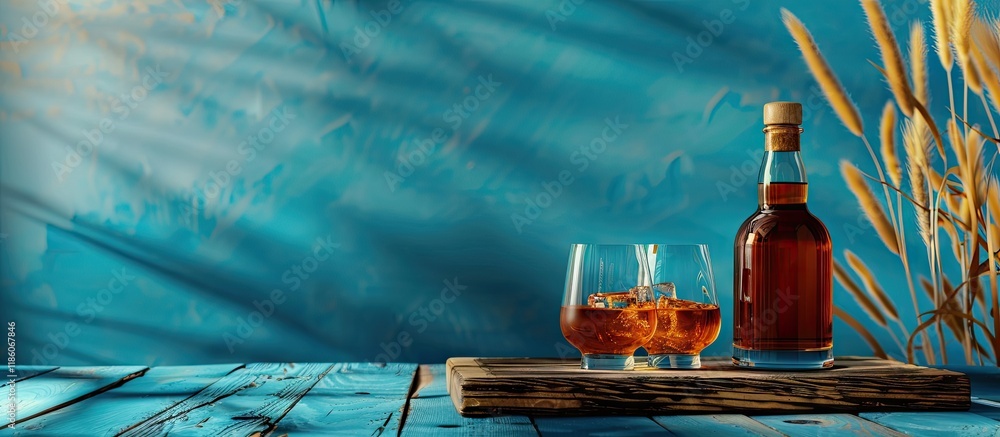 Poster an alcohol bottle and a glass are placed on a wooden board atop a blue table. with copy space image.