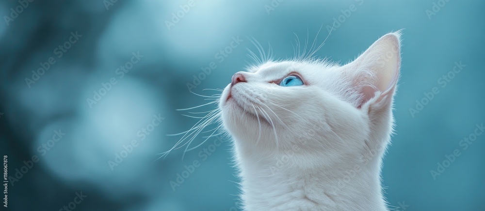 Poster white female cat gazing upward with blue eyes. with copy space image. place for adding text or desig