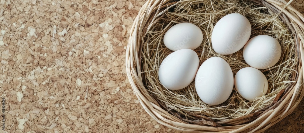 Aufkleber white chicken eggs are placed in a wicker basket with straw atop a cork background easter card flat 