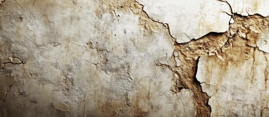 The wall of an aged structure featuring deteriorating plaster and numerous winding deep fissures Copy space Selective focus