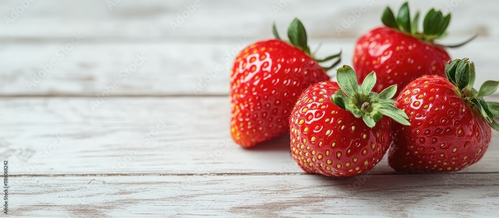 Leinwandbilder four ripe juicy strawberries on a white wooden background macro. with copy space image. place for ad