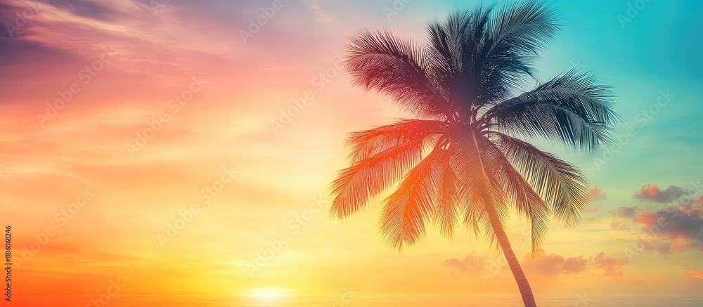 Aufkleber copy space featuring the silhouette of a tropical palm tree with sunlight against a sunset sky creat