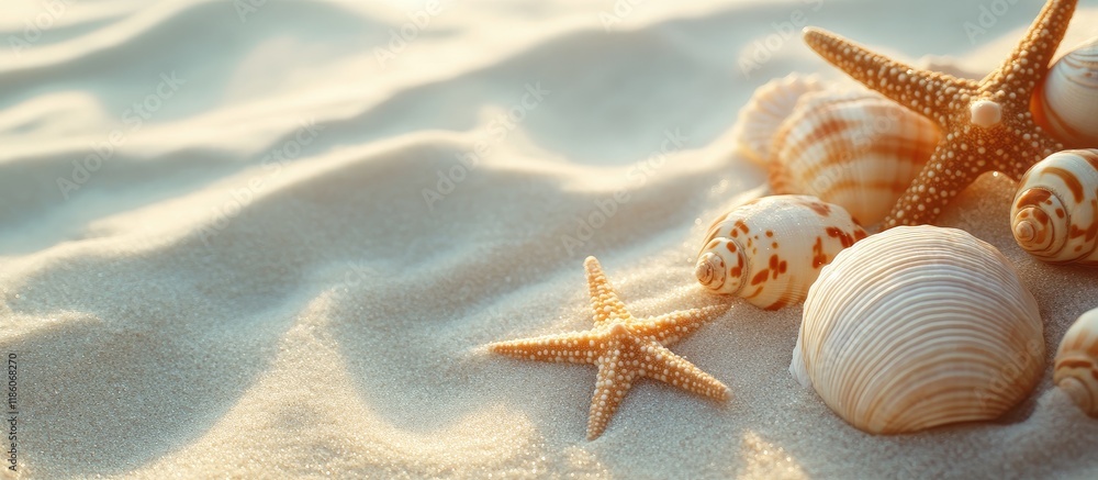 Poster close up of sea shells and a star on a sandy background with copy space a natural summer backdrop fe