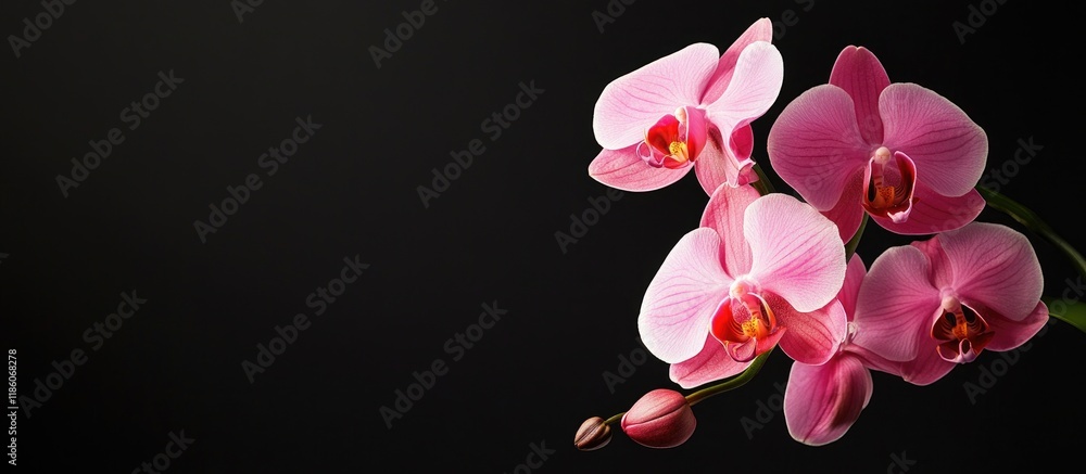 Poster orchid set against a black background. with copy space image. place for adding text or design