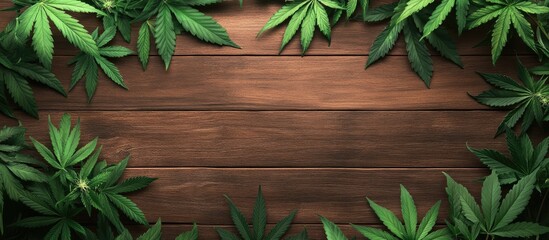 Green cannabis leaves on a wooden surface Top view copy space
