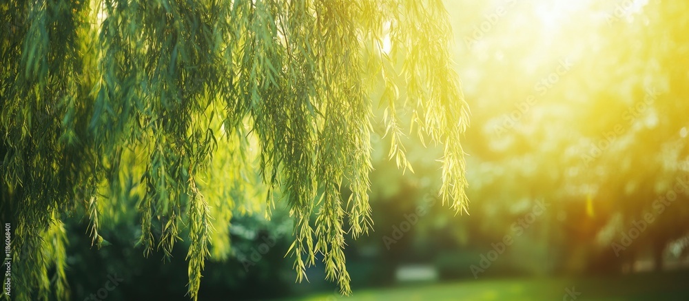 Poster beautiful willow tree with green leaves outside on a sunny day close up space for text. with copy sp