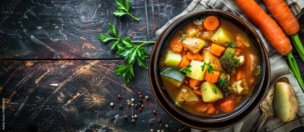 Poster vegetable ragout stew with potato carrot and zucchini a fresh and healthy meal or snack on the table