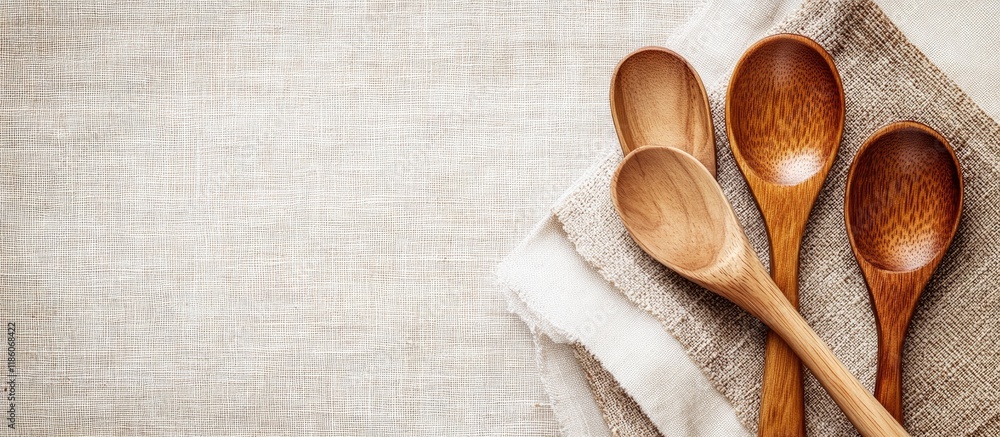 Poster background wooden spoons placed on the tablecloth copy space top view