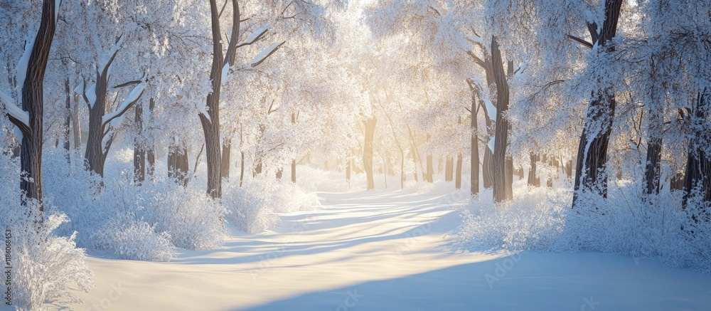 Leinwandbilder winter grove blanketed in snow with light. with copy space image. place for adding text or design