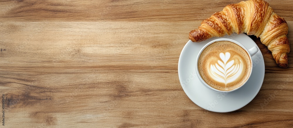 Poster cappuccino and a fresh croissant on a wooden table top view with copyspace