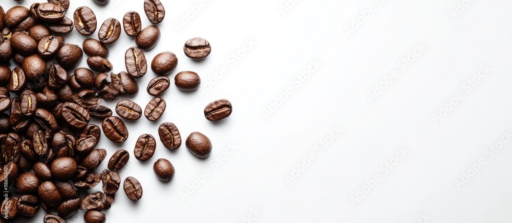 Aufkleber roasted coffee beans on white wide depth of field captured with tilt shift lens. with copy space image. Place for adding text or design