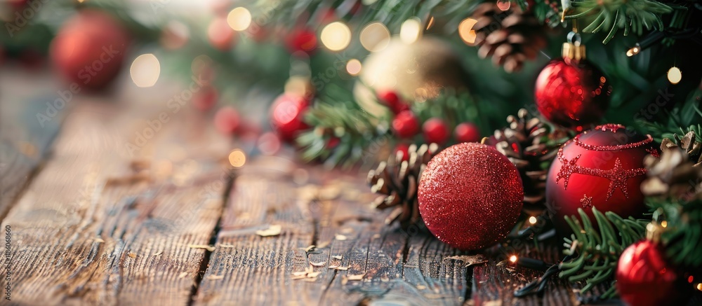 Leinwandbilder christmas tree decorations with ornaments on a wooden surface. with copy space image. place for addi