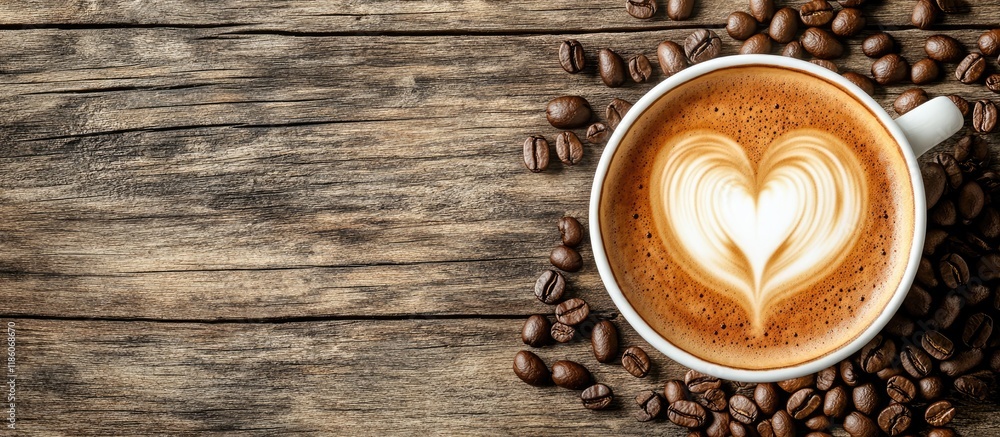 Fototapete cup of latte coffee featuring a heart shape accompanied by coffee beans on a weathered wooden surfac