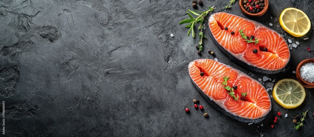 Aufkleber raw chum salmon steaks with spices herbs salt and lemon on an aged stone background top view copy sp