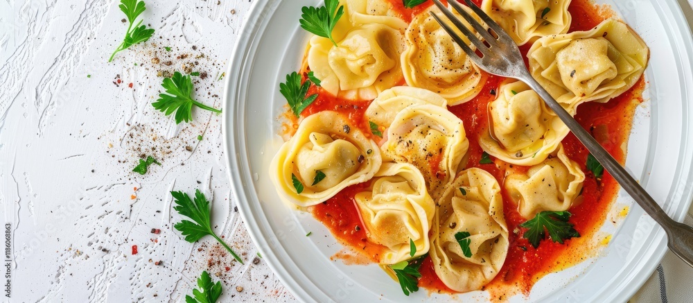 Leinwandbilder traditional russian dumplings ravioli and dumplings arranged on a white plate with red sauce and par