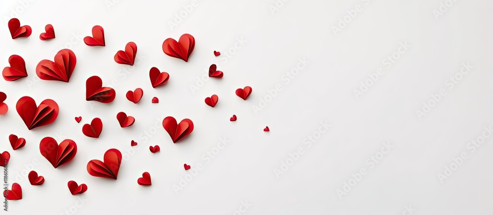 Poster valentine s day red paper hearts on a white background top view copy space area for text