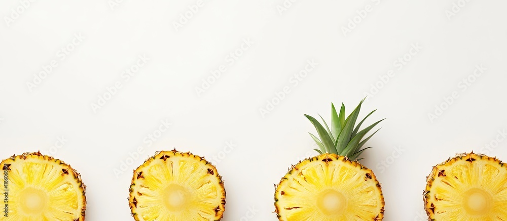 Aufkleber Isolated slices of pineapple fruit on a white background. with copy space image. Place for adding text or design