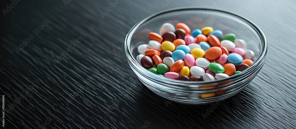 Poster dragees sugar coated pills in a glass dish on a black wooden table background. with copy space image