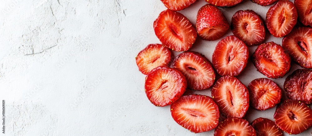 Poster dried strawberry slices on a light background. with copy space image. place for adding text or desig