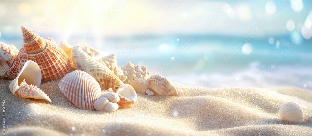 Leinwandbilder Summer backdrop featuring sand and seashells. with copy space image. Place for adding text or design