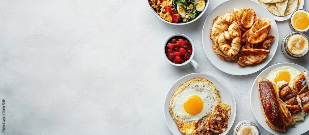Poster continental breakfast viewed from above. with copy space image. place for adding text or design