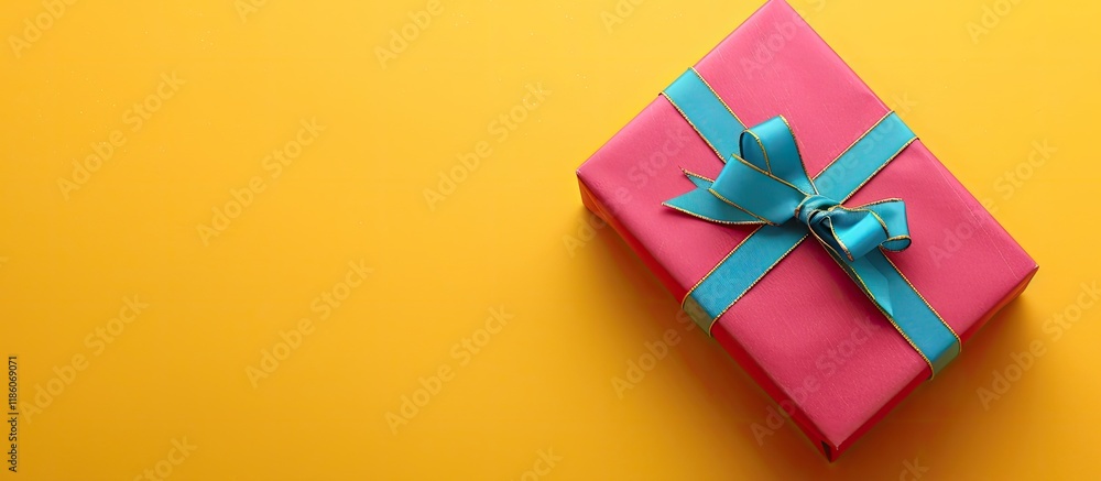 Poster Decorated colorful gift on a yellow background flatlay. with copy space image. Place for adding text or design