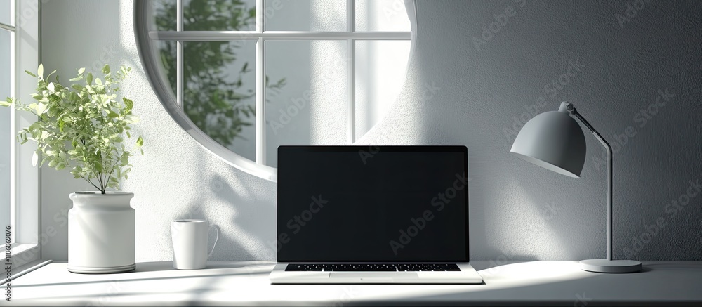 Poster Plain black laptop screen in a contemporary room featuring a round window and lamp mockup. with copy space image. Place for adding text or design