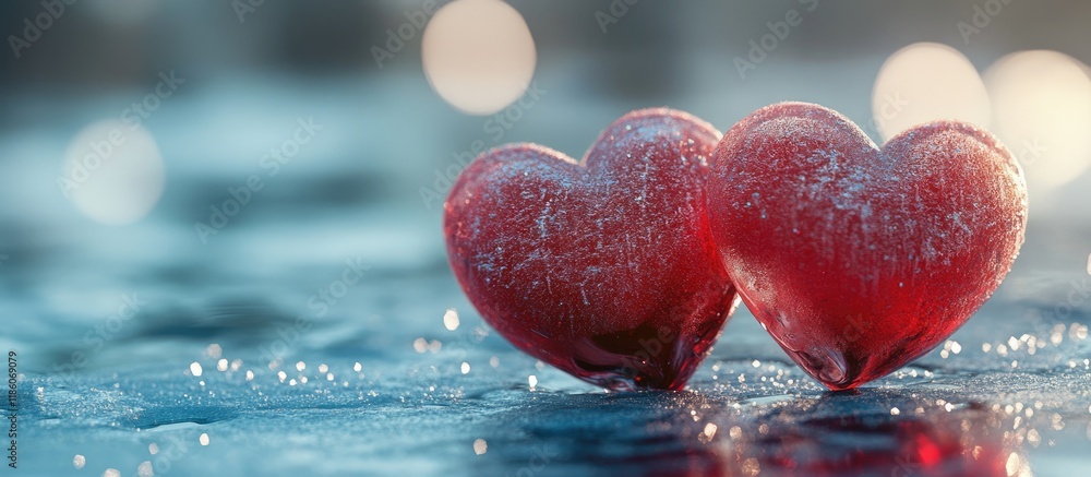 Poster Red hearts on the frozen surface. with copy space image. Place for adding text or design