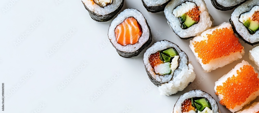 Leinwandbilder sushi rolls with fish on a white background menu for a restaurant. with copy space image. place for 