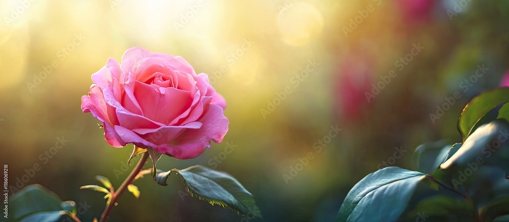 Aufkleber close up of a bright pink rose opening on a sunny italian day. with copy space image. place for addi