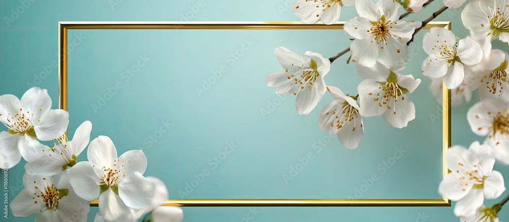 Leinwandbilder golden frame featuring white flowers against a colored background. with copy space image. place for 