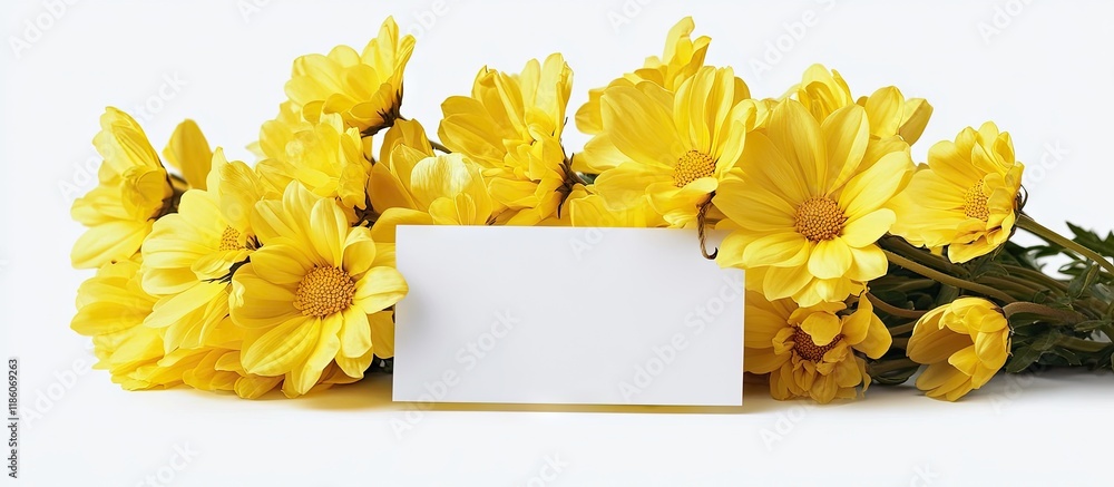 Leinwandbilder fresh yellow flowers and a blank tag for your text. with copy space image. place for adding text or 