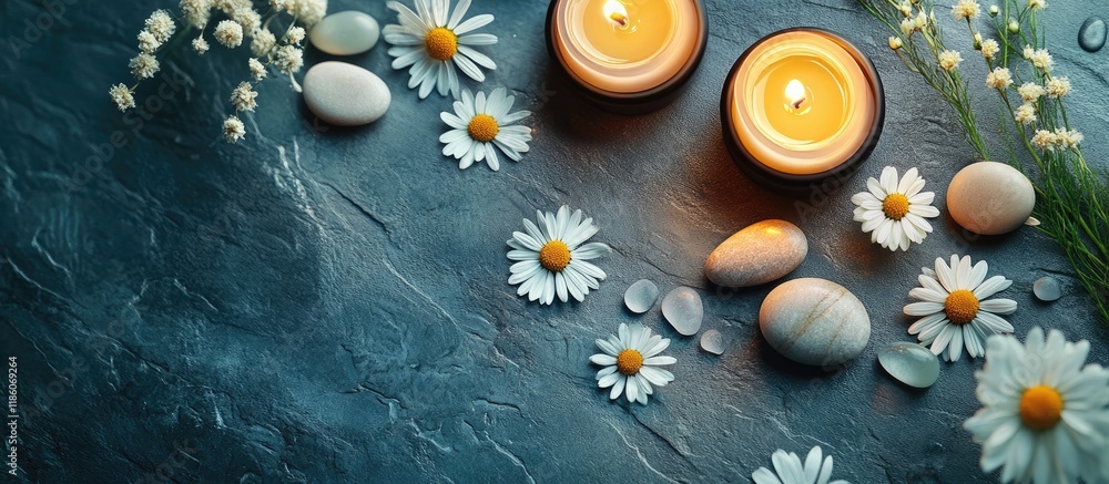 Poster Spa decor featuring candles daisies and spa stones. with copy space image. Place for adding text or design